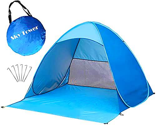 Skytower Pop Up automático Al Aire Libre Playa Familiar 2-5 Personas Carpa XL Cabaña rápida Sol Protección UV Refugio UPF 50+ (Azul